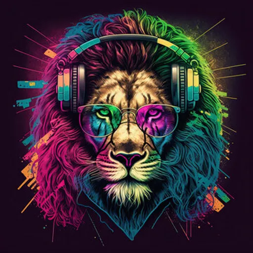 a lion wearing headphones and a pair of headphones