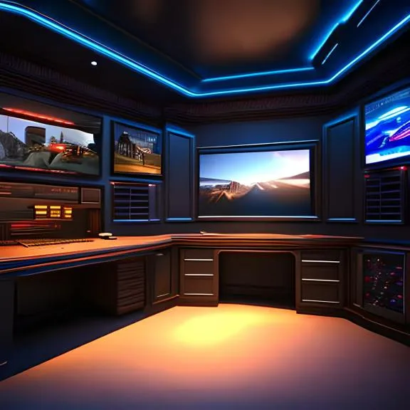 a room with multiple monitors and a desk
