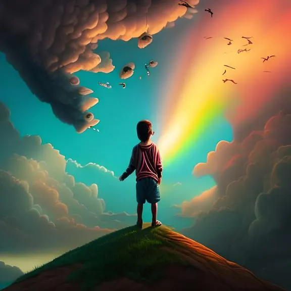 a person standing on a hill looking at a rainbow