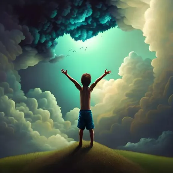 a painting of a boy standing on a hill with his arms outstretched