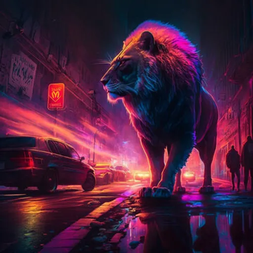 make the cityscape blurry and give the lion a dramatic lighting effect