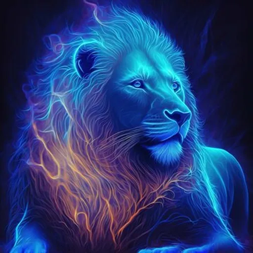 Painting of a lion on a black background with a white stripe down its back