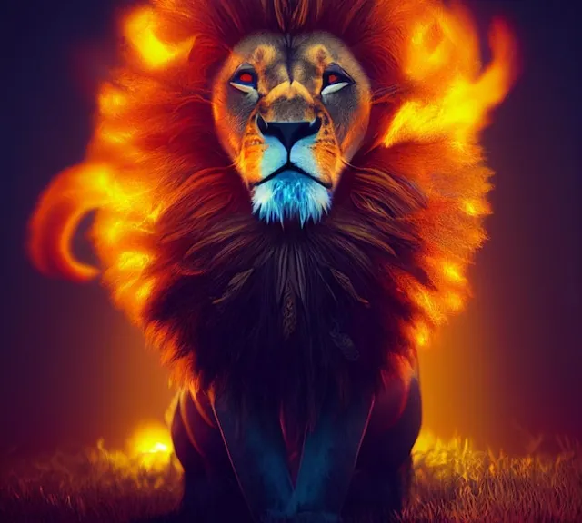 a lion is sitting in the grass with fire coming out of its eyes