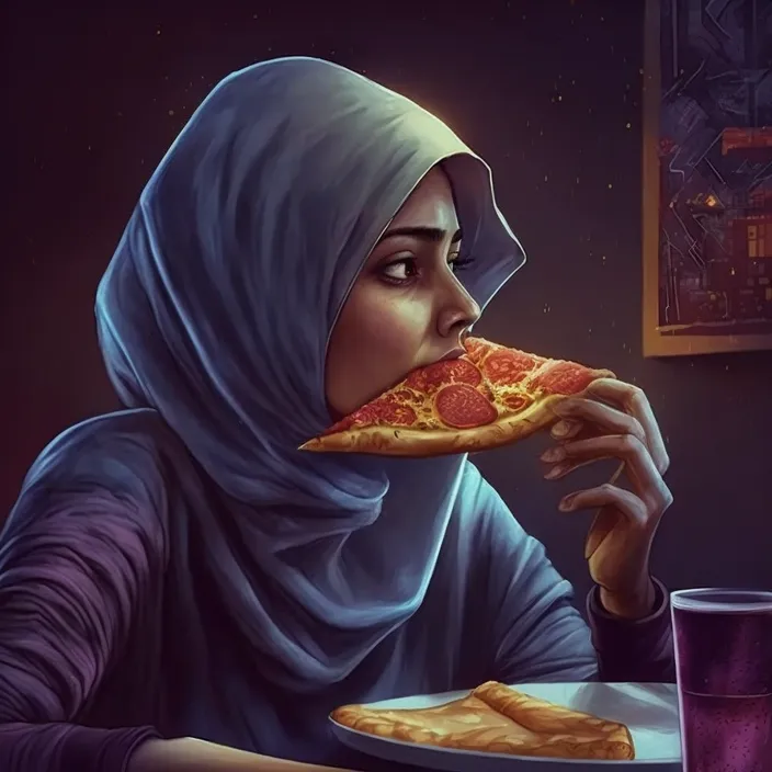 a painting of a woman eating a slice of pizza