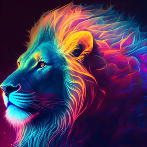 a painting of a lion with a colorful mane