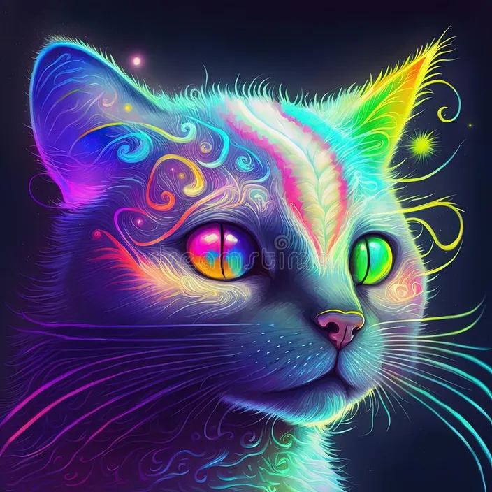 a colorful cat with glowing eyes on a black background