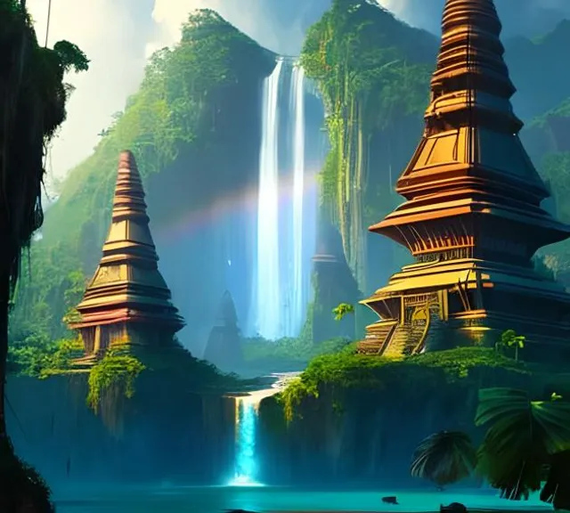 a painting of a waterfall in the middle of a forest