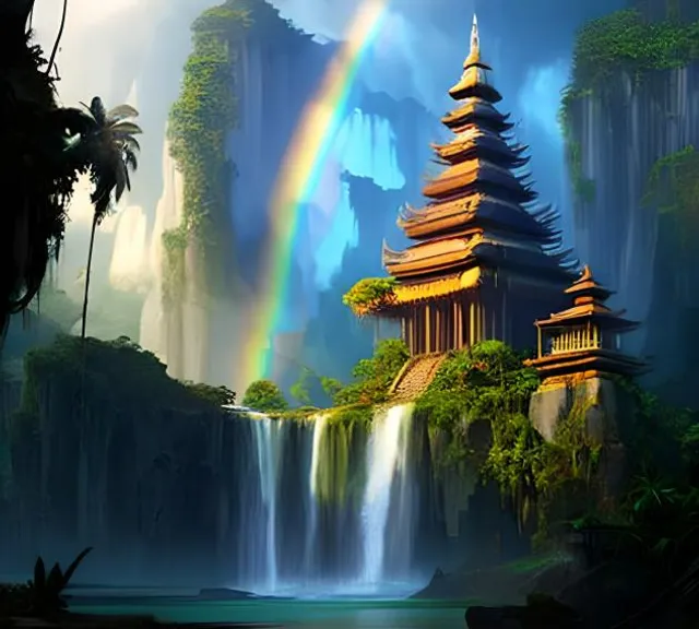 a painting of a waterfall with a rainbow in the background
