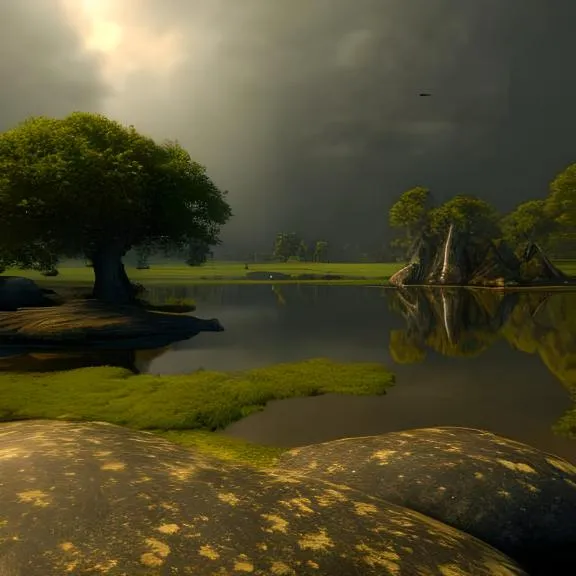 a painting of a tree and a body of water
