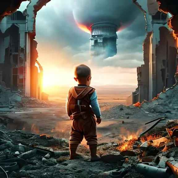 a young boy standing in front of a destroyed building