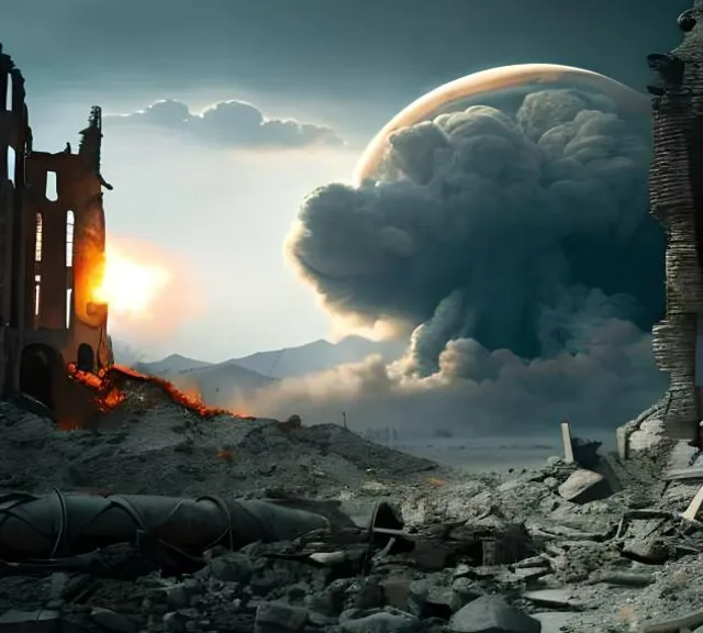 a destroyed building with a giant cloud in the background