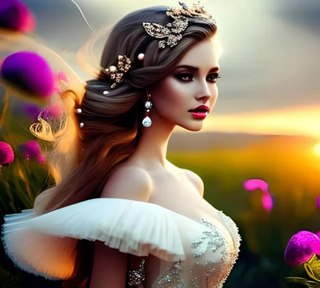 a painting of a woman in a field of flowers