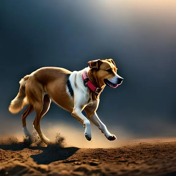 a brown and white dog running across a dirt field