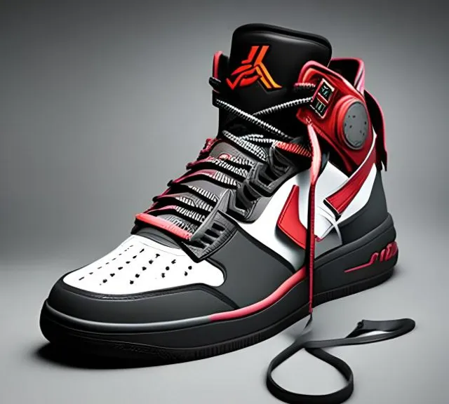 a pair of sneakers with red and black accents
