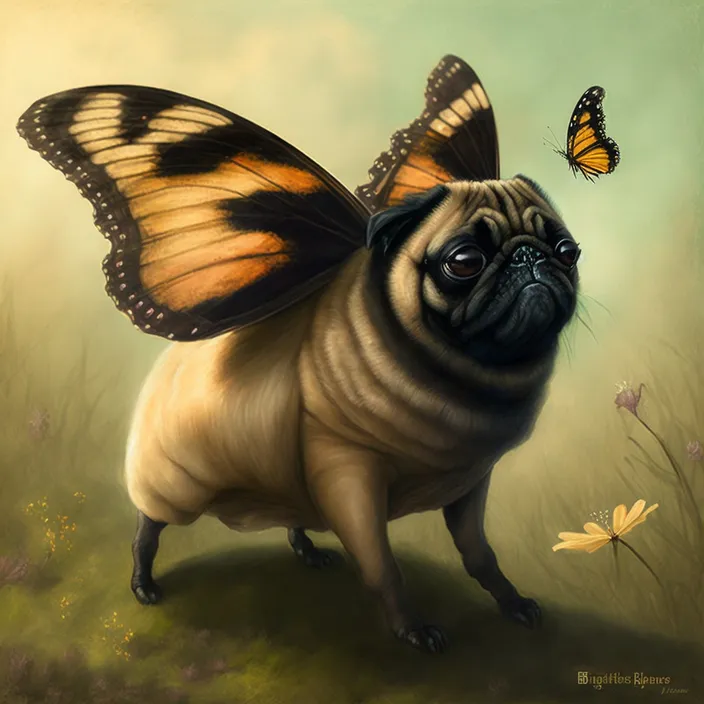 a painting of a pug with a butterfly on its back