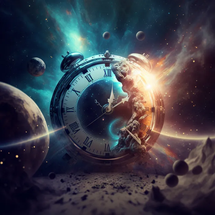 a clock in the middle of a space with planets in the background