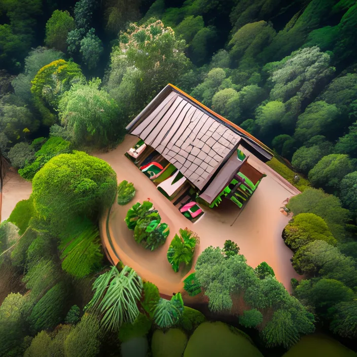 an aerial view of a house surrounded by trees