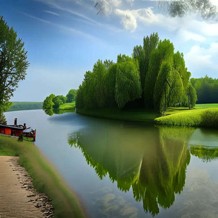 a painting of a lake with a boat in it