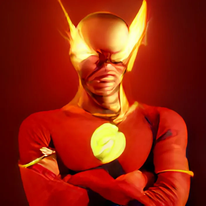 a man in a red and yellow costume with his arms crossed