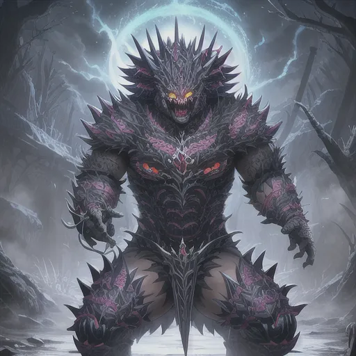 a demonic creature standing in the middle of a forest