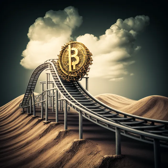 a roller coaster with a bitcoin on top of it