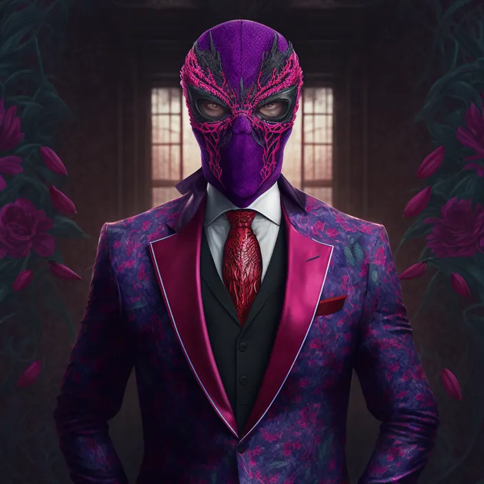 a man in a purple suit with a red tie