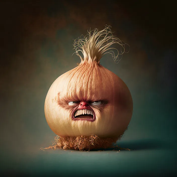 a onion with a face and hair on it