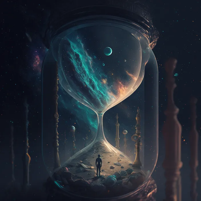 a man standing in front of an hourglass