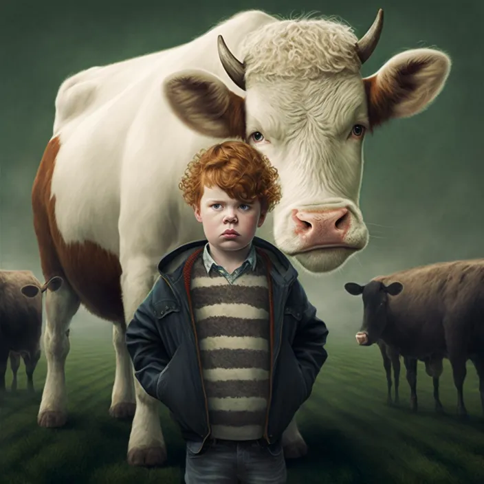 a painting of a boy standing in front of a cow