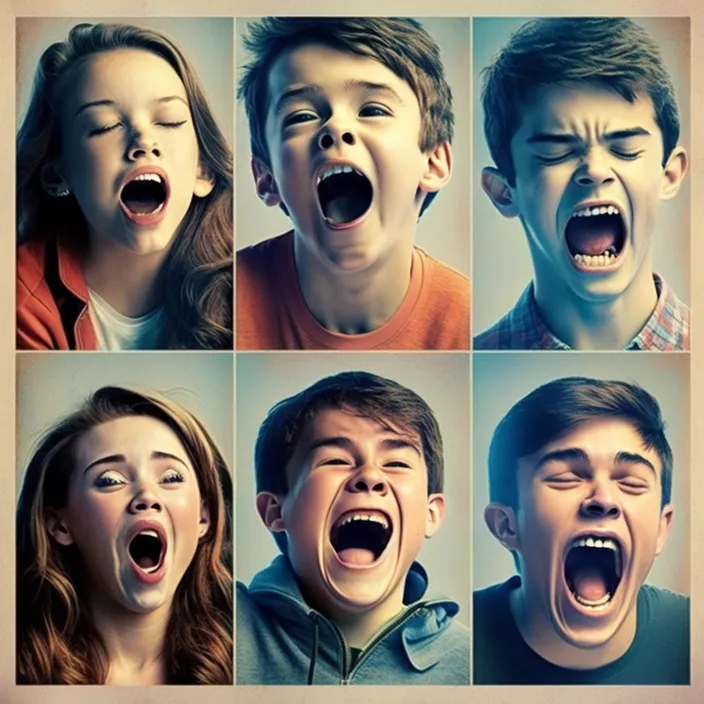 a series of photos of a boy and a girl with their mouths open