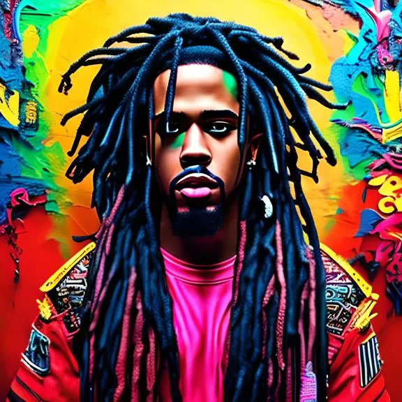 a man with dreadlocks standing in front of a colorful background