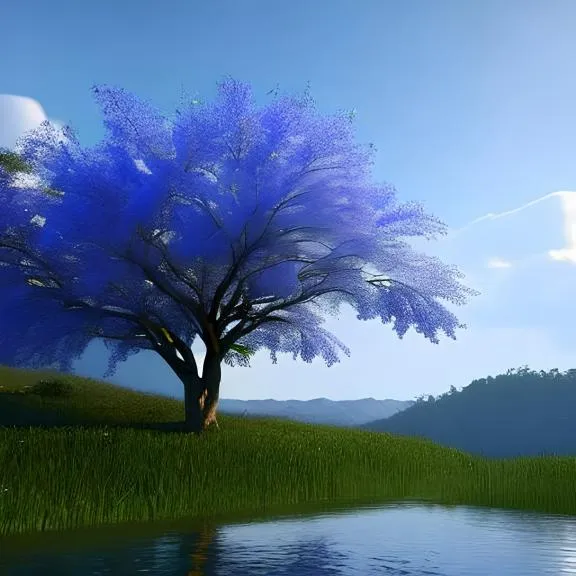 a digital painting of a blue tree next to a body of water