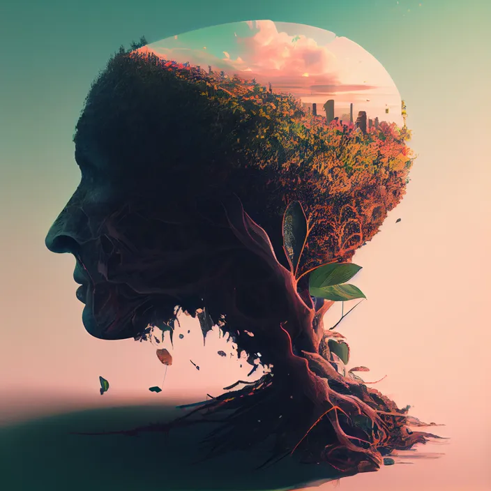 a man's head with a tree growing out of it