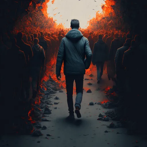 a man walking through a tunnel of lava