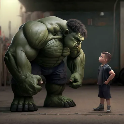 a little boy standing next to a giant hulk