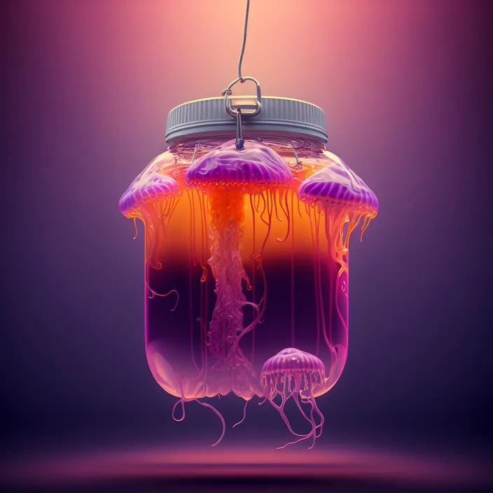 a jar filled with jellyfish floating on top of a purple background