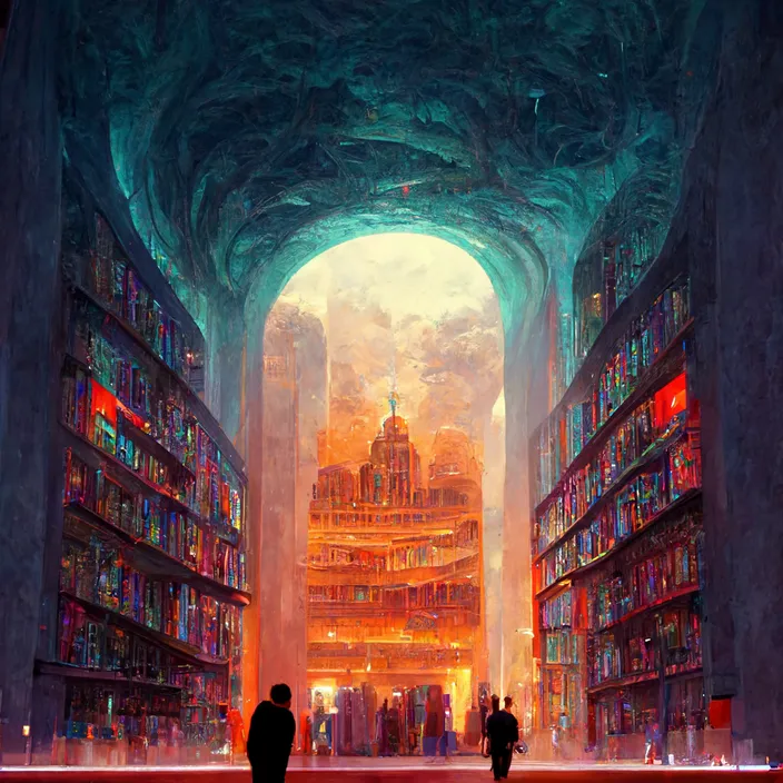 a painting of people walking through a library