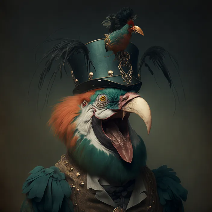 a bird wearing a top hat with a bird on it's head