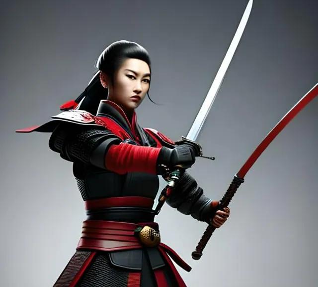 a woman in a red and black outfit holding two swords