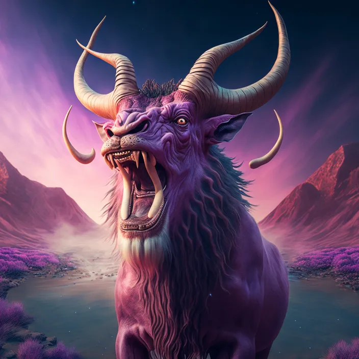 a painting of a purple horned animal with large horns