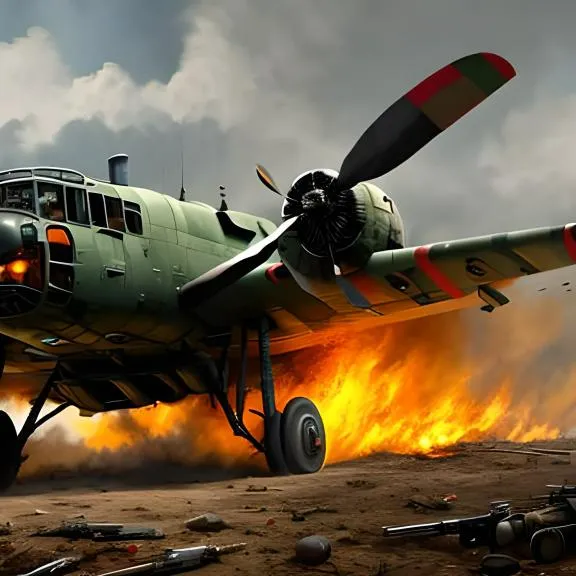 a green airplane with flames coming out of it