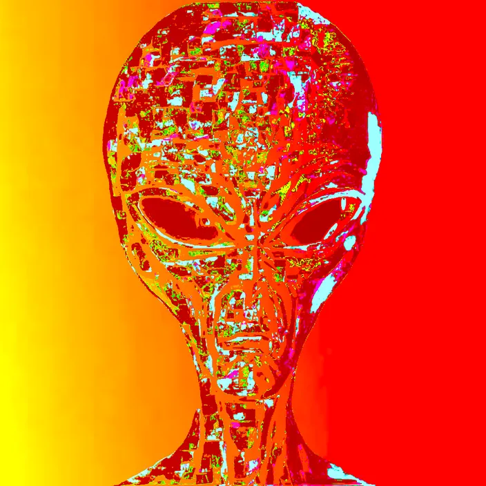 an alien head with a red background