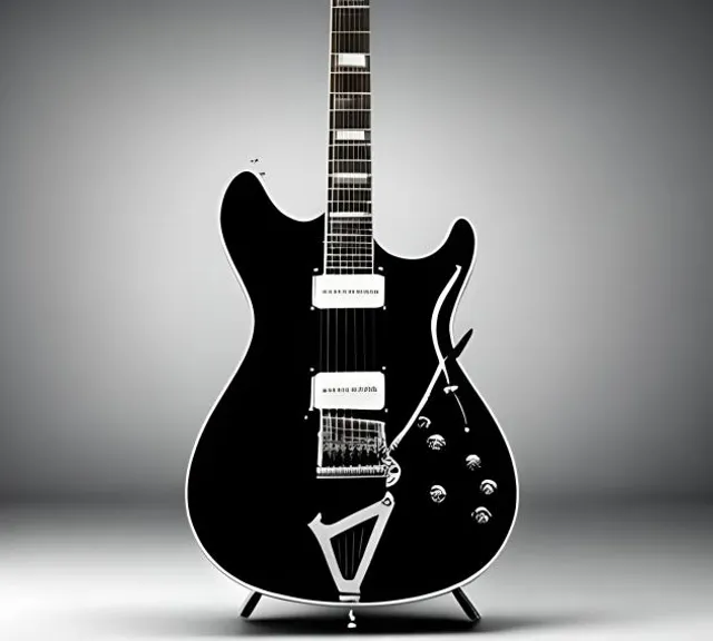 a black guitar sitting on top of a table