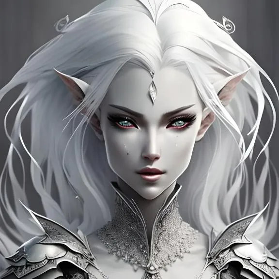 a woman with white hair and white eyes