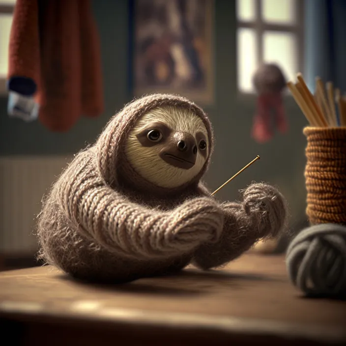 a stuffed slotty sits on a table next to a ball of yarn