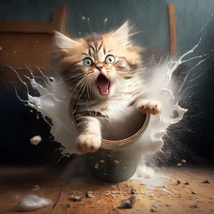 a cat that is jumping out of a cup