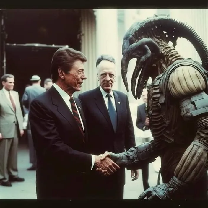 two men shaking hands in front of a statue of an alien