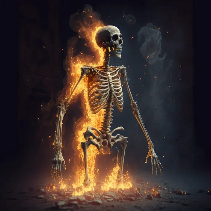 a skeleton standing in front of a fire