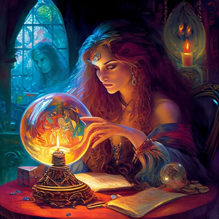 a painting of a woman holding a crystal ball