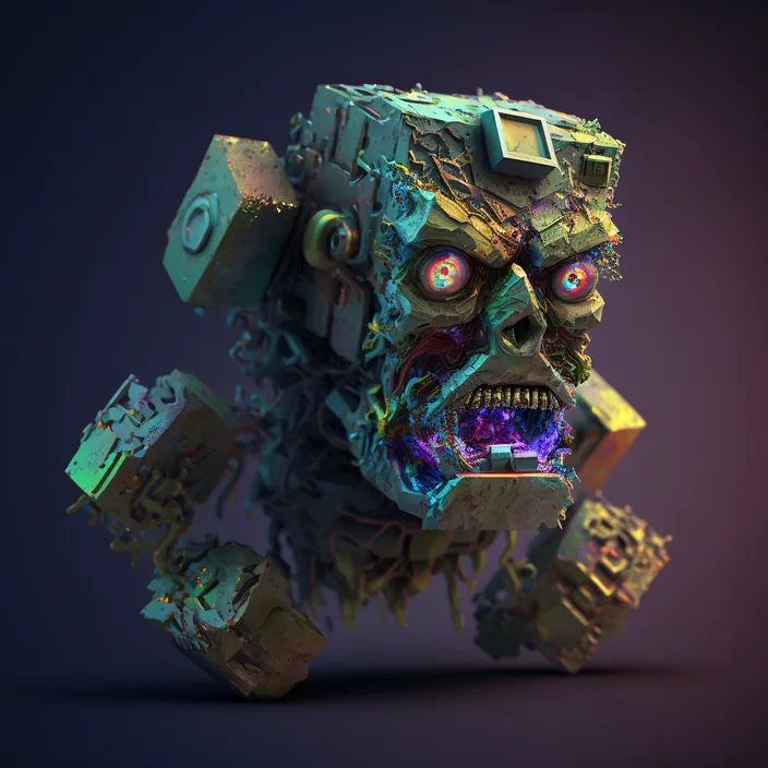 a 3d rendering of a robot with glowing eyes